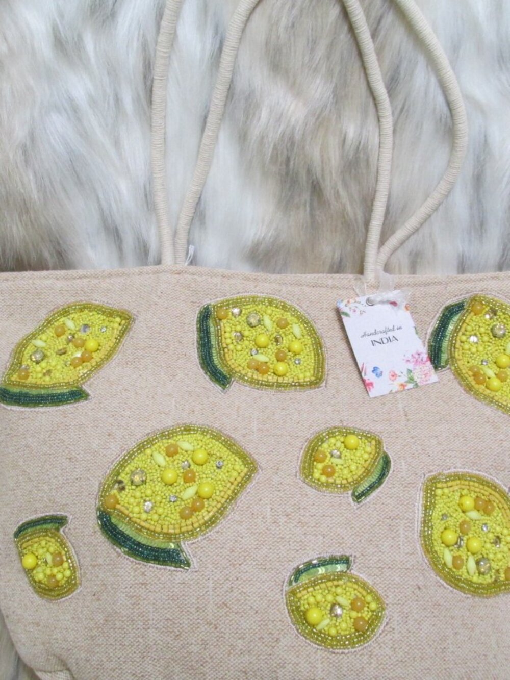 P3269-NWT Viral India Woven Cotton Bright Beaded Lemons Shoulder bag
